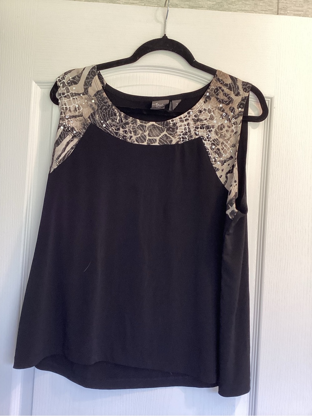 Chico's Black Sleeveless Camisole with Animal-Print Yoke XL EUC